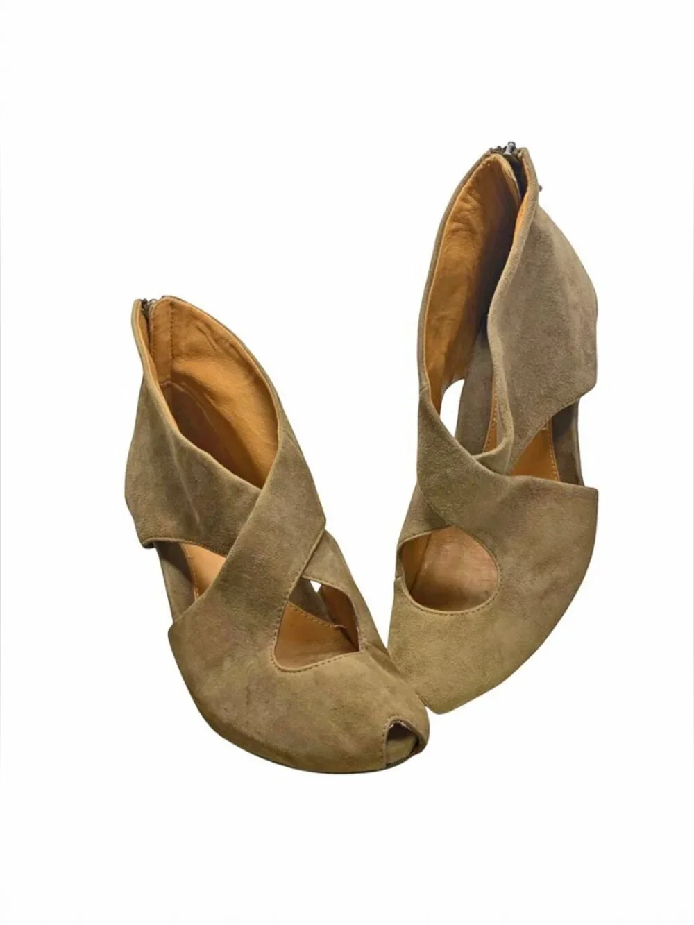 Earthies Syriana Taupe Suede Criss Cross Straps Peep Toe Heel
